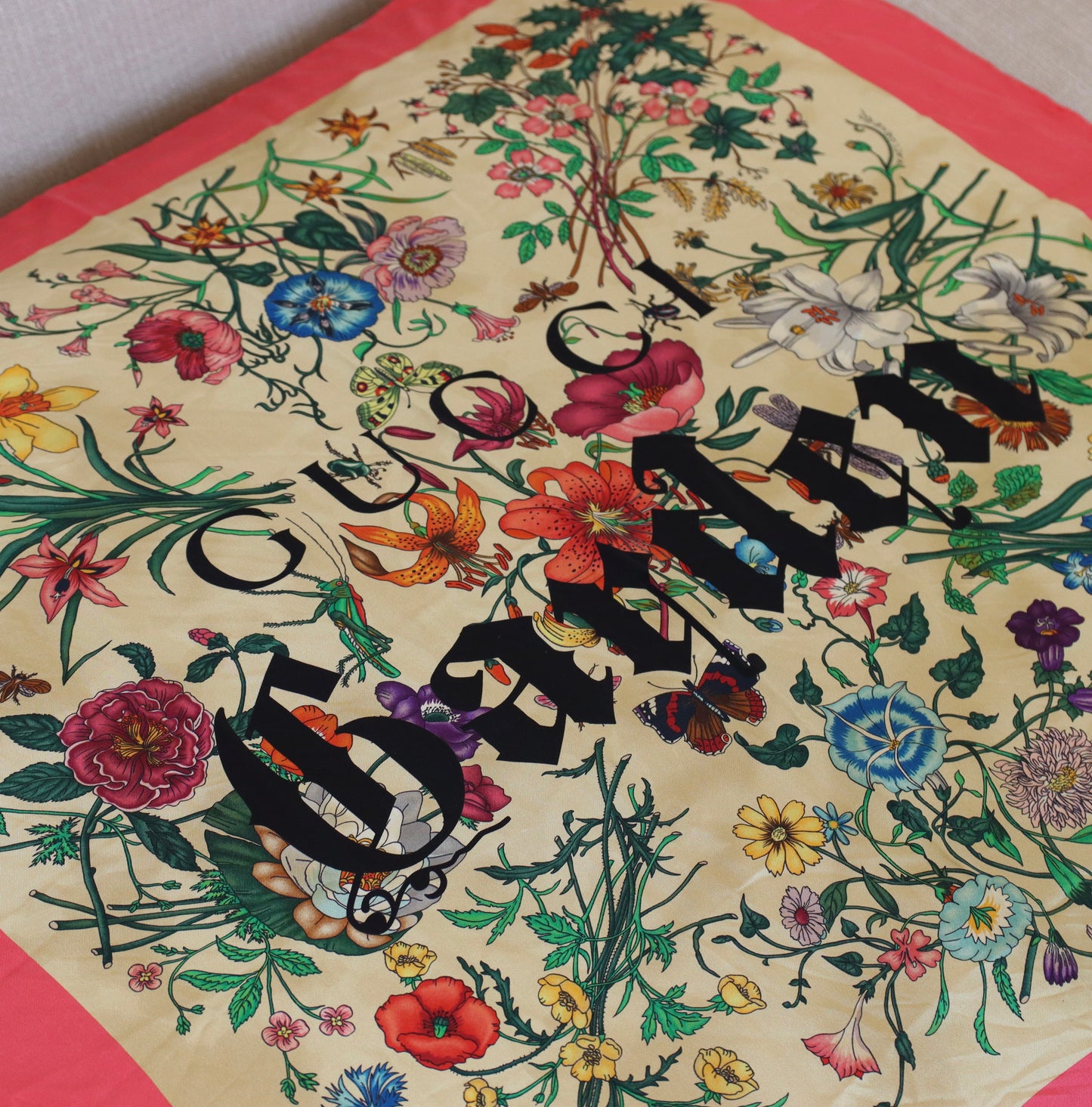 Gucci Silk Scarf - Garden Collection with Pink/Orange Border