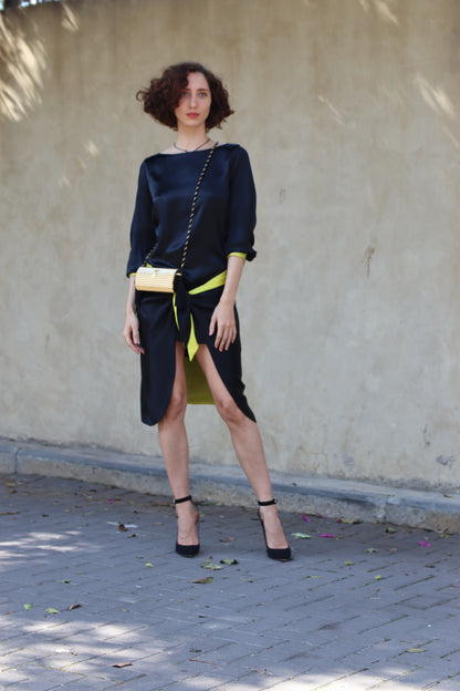 Black Silk Dress with Yellow Details