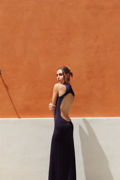 Backless Dress in Navy Blue Viscose Knit