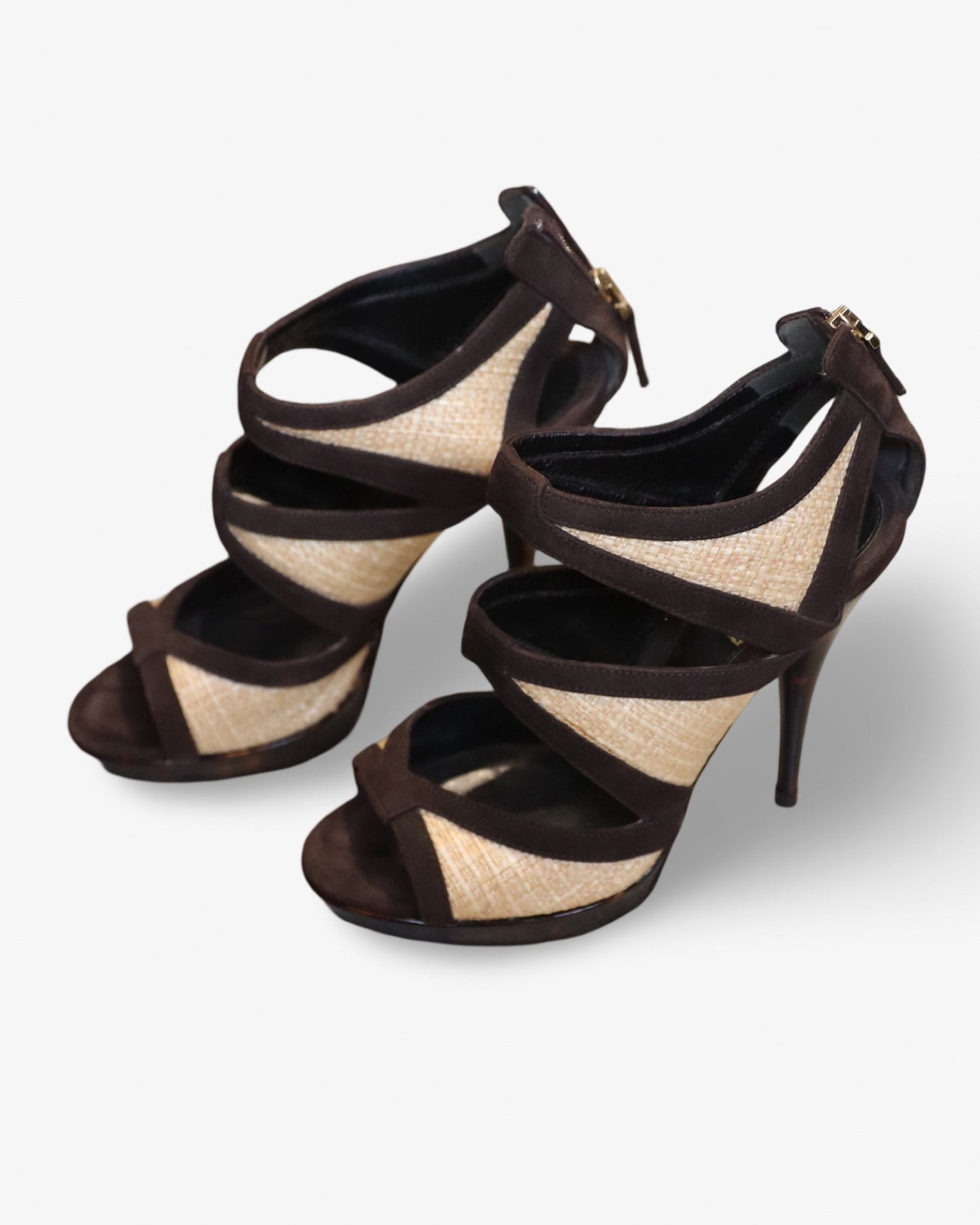 Fendi Heels Canvas Leather Wooden Heels