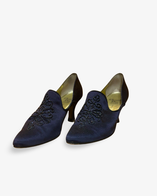 Vintage Navy Blue Satin Pearl Pumps